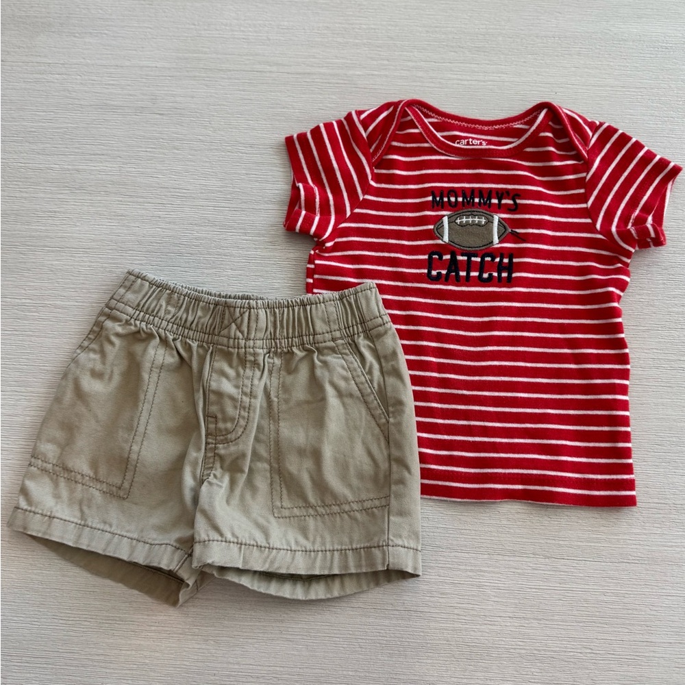 Carter's Red Striped Tee and Khaki Shorts Set